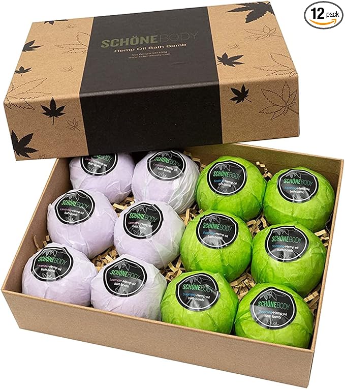 12 Pack Hemp Bath Bombs Set for Muscle Therapy & Relaxation | Large Vegan Fizzy Spa Gift for Women & Men | Natural Lavender, Mint Oils Moisturize Dry Skin & Soothe Stress, Wife Stocking Stuffers Gifts