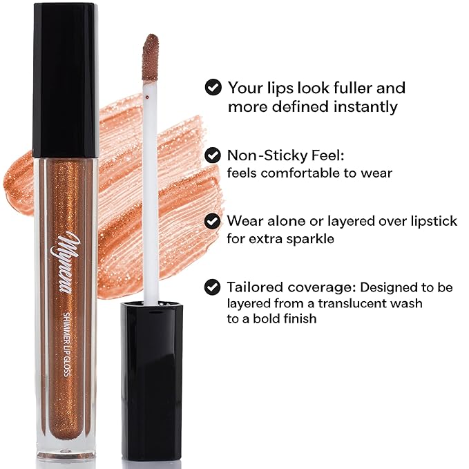 Mynena Warm Metallic Amber-Gold Shimmer Lip Gloss Filled with Orange Copper Iridescent Sparkles | Lightweight Lip Topper from Cosplay to Everyday Glam | Piper