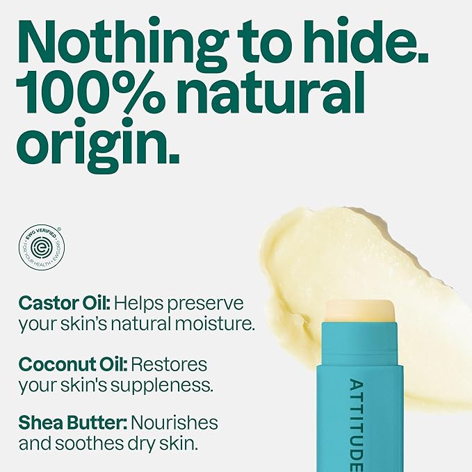 ATTITUDE Lip Balm Duo, EWG Verified, Fragrance Free Moisturizing Lip Care with Castor Oil, Coconut Oil & Shea Butter, Vegan, Unscented, 0.14 Oz (Pack of 2)