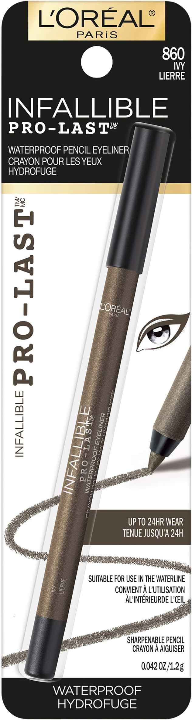 L'Oreal Paris Makeup Infallible Pro-Last Pencil Eyeliner, Waterproof and Smudge-Resistant, Glides on Easily to Create any Look, Ivy, 0.042 oz.