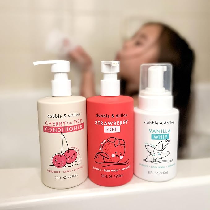 Dabble & Dollop Berry Body Wash & Conditioner Bundle, Paraben & Sulfate Free, Vegan, Gluten-Free, Strawberry, Vanilla and Cherry (Set of 3)