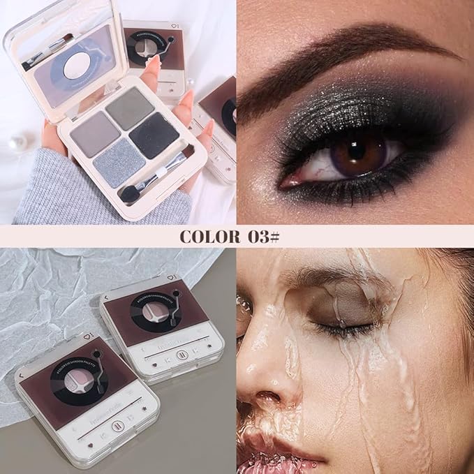 Silver Black Gray Brown 4Colors Eyeshadow Makeup Palette with Brush Mirror,Natural Neutral Powde Eye Shadow Palettes for Older Women,Long Lasting Naturing-Looking,Lightweight Eye Makeup Travel Size