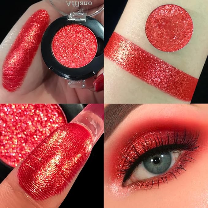 Red Glitter Eyeshadow, Highly Pigmented Shimmer Eyeshadow Red Eye Makeup, Bright Sparkly Fine Pressed Glitter Long Lasting Diamond Metallic Eye Shadow,Silky Waterproof Burgundy Goth Makeup/Highlighter
