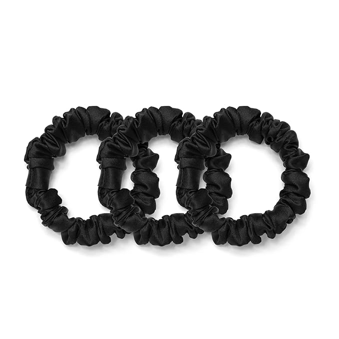 Rizos Curls Vegan Silk Mini Scrunchie - Gente Hold For No Crease and Breakage Protection, Damage & Frizz Free Hair Tie, 3-Pack, Black