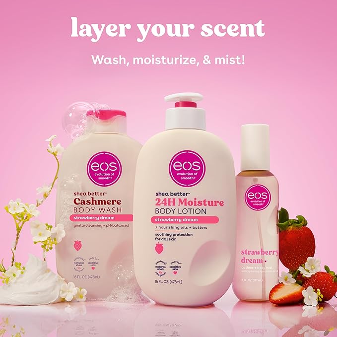 eos Cashmere Body Mist, Strawberry Dream, Body Spray for Women, Strawberry Perfume, Hair Mist, Moisturizing, Hyaluronic Acid, Glycerin, Vegan, Cruelty-free, 6 fl oz