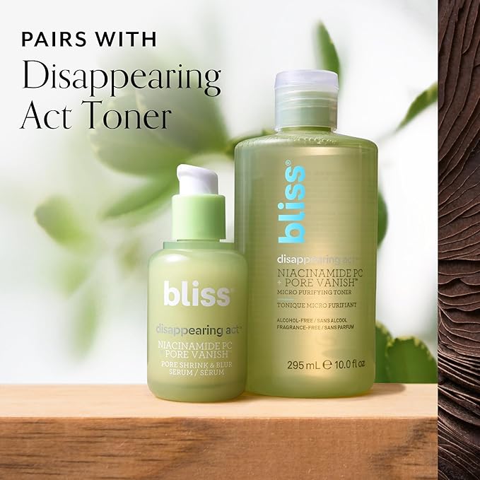 Bliss Niacinamide + Pore Vanish Complex Disappearing Act Serum – With Vitamin B3 + Green Tea - Reduces Pores & Dark Spots - Achieve Glass Skin - Clean, Cruelty-Free - 1 Fl Oz