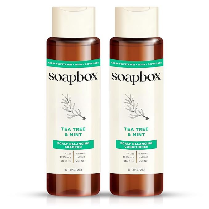 Soapbox Tea Tree Shampoo and Conditioner Set | Tea Tree Oil, Jojoba Oil, Aloe & Shea Butter to Clean & Purify All Hair Types | Paraben Free, Silicone Free, Harsh Sulfate Free | 16oz (Pack of 2)