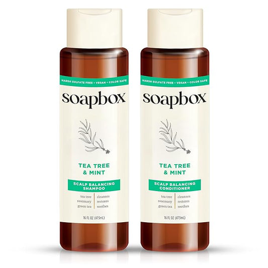 Soapbox Tea Tree Shampoo and Conditioner Set | Tea Tree Oil, Jojoba Oil, Aloe & Shea Butter to Clean & Purify All Hair Types | Paraben Free, Silicone Free, Harsh Sulfate Free | 16oz (Pack of 2)