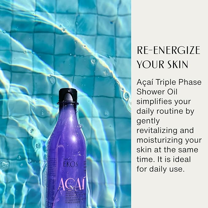 Natura - Ekos Açaí Triple Phase Shower Oil - Revitalizing In-Shower or Bath Body Oil - Anti-Dullness - Scented - Bath Oil - Skin Moisturizer - Vegan Skin Care - Brazilian Beauty - 6.7 fl oz (200ml)