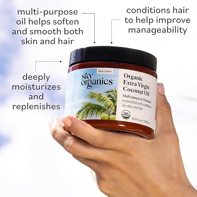 Sky Organics - Multipurpose Organic Coconut Oil for Skin & Hair, 16.9 fl oz - Extra Virgin Hair Oil & Body Moisturizer - Vitamins, Antioxidants & Fatty Acids - Vegan, Cruelty Free