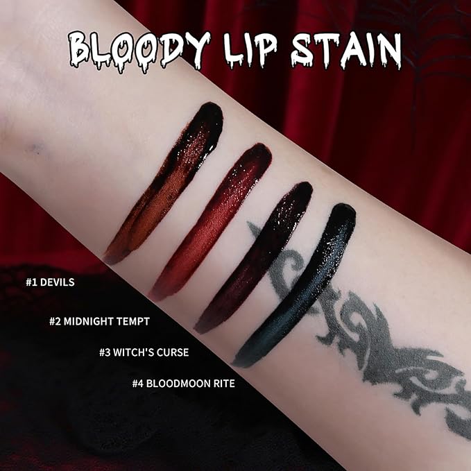 AKARY Matte Liquid Halloween Lipstick for Women, 4-Colors Bloody Liquid Lipstick, Long Lasting Waterproof Lightweight Comfortable Non-Drying Bold Dark Lip Gloss for Gothic Stage Parties Makeup, Vegan