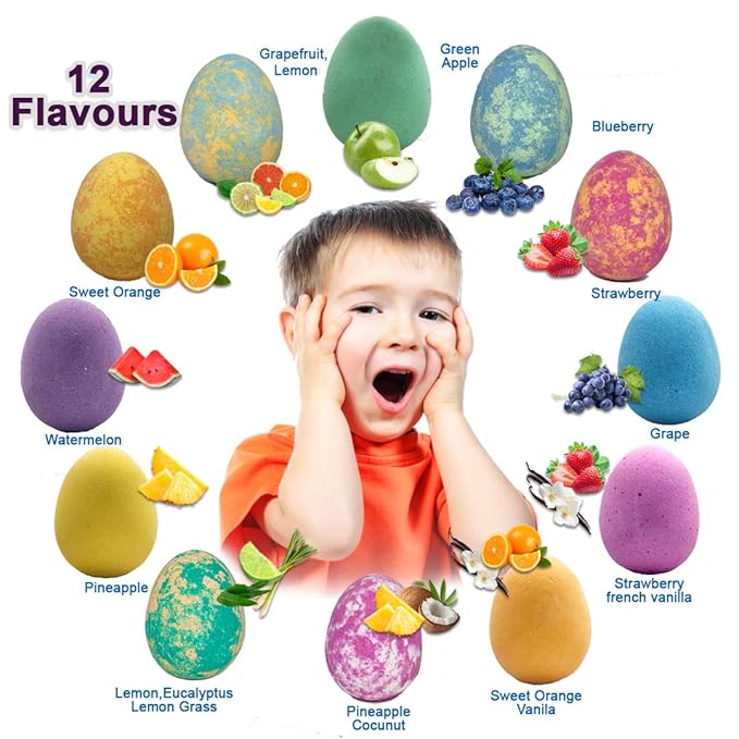 Bath Bombs for Kids with Surprise Inside - 12 Organic Bubble Bath Fizzies with Dragon Egg Toys. Gentle & Kids Friendly w/Rich Bubbles & Rainbow Colors, Easter Basket Essentials for Boys, Girls, Kids