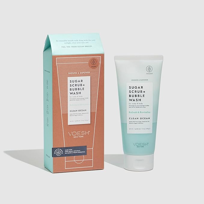 VOESH Sugar Scrub + Bubble Wash, Exfoliating Body Wash, Clean Ocean 2 Pack, Scalp Exfoliator, Scalp Care, Vegan Skin Care