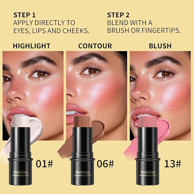 3Pcs Cream Contour Stick Makeup Kit, Shades with Highlighter, Blush and Bronzer Contour Stick for Cheeks, Lips, Eyes, Natural Face Contouring, Long Lasting, Waterproof, Matte Finish (Set B, S)