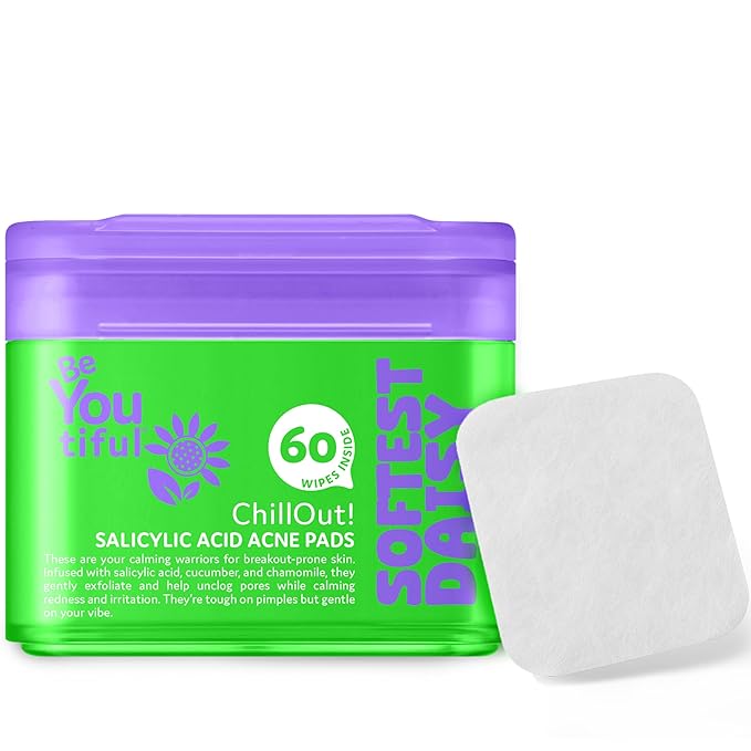 BeYoutiful ChillOut Gentle Acne Cleansing Face Wipes with Salicylic Acid for Teens and Kids, Easter Basket Stuffers, 60 Facial Pads, Vegan, Easter Gifts for Kids