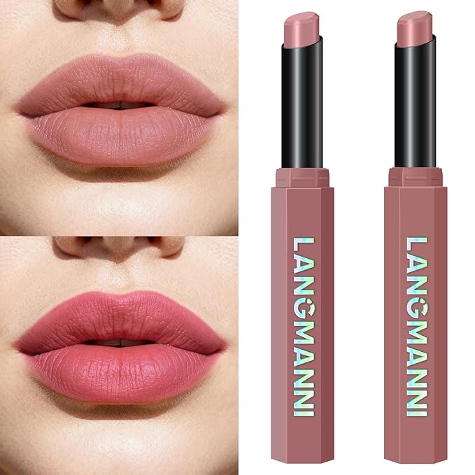 Jolilab 2Pcs Velvet Matte Lipstick Nude Matte Soft Dark Color Stick High Pigmented Long-Lasting Waterproof Lip Stick Lip Balm Beauty Cosmetics Gift for Women(#01+02)