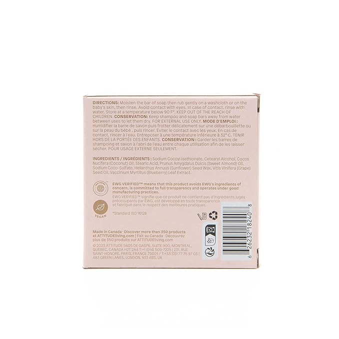 ATTITUDE Plastic-Free Baby Shampoo and Body Soap Bar, EWG Verified, Dermatologically Tested, Vegan, Unscented, 3 Ounces