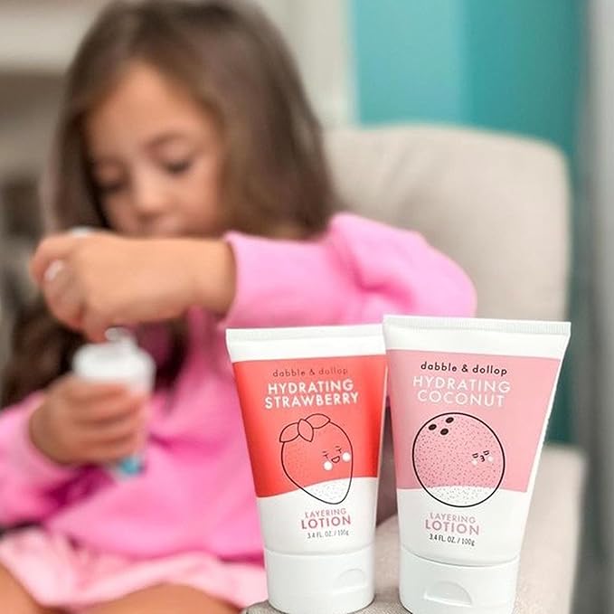 Dabble & Dollop Layering Lotion Set, Hydrating Strawberry, Coconut and Vanilla Scented Lotions for Kids, All-Natural, pDermatologist Tested, Vegan & Cruelty-Free (Set of 3)