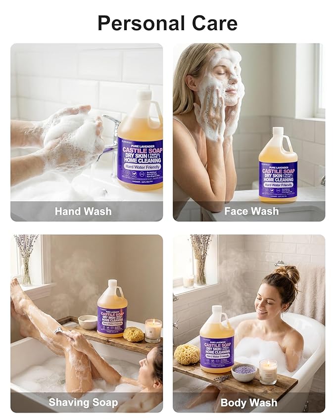 1 Gallon Pure Castile Soap Liquid Lavender, Natural Organic Hand Soap, For Dry Skin, Hand, Face, Body ＆ Home Cleaning, Vegan Hard Water Friendly- 128 fl oz