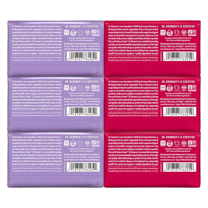 Dr. Bronner's - Pure-Castile Bar Soap, Rose 5 Ounce (3) and Lavender 5 Ounce (3) - Made with Organic Oils, For Face, Body and Hair, Gentle and Moisturizing, Biodegradable, Vegan, Cruelty-free, Non-GMO