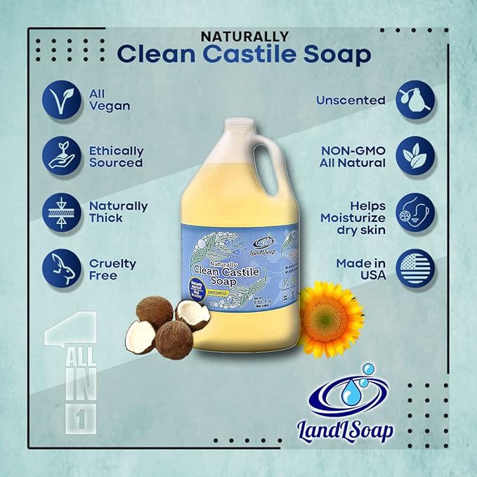 Unscented Pure Castile Soap Liquid for Face, Hand & Body Wash- Vegan, Non-GMO, Made in USA, All Skin Types, Dry & Sensitive Skin (1 Gallon)