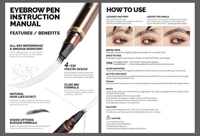 2 Pack Eyebrow Pen, Waterproof Microblading Eyebrow Pencil, 4 Tip Precise Eye Brow Makeup Pen for Women to Effortlessly Create Hair Like Natural Brows, Non Dry Out and Last All Day (Light Brown)