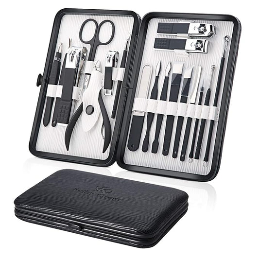 Professional Stainless Steel Nail Clipper Travel & Grooming Kit Nail Tools Manicure & Pedicure Set of 18pcs with Luxurious Case (Black/White)