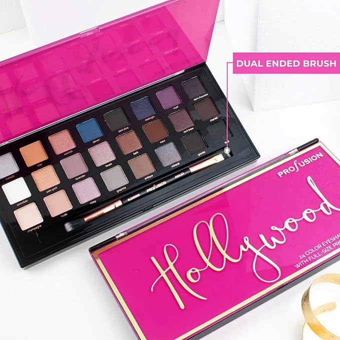 Profusion Cosmetics Hollywood 24 Shade Eyeshadow Palette – Highly Pigmented Matte & Shimmer Shades with Dual-Ended Brush, Vegan & Cruelty-Free