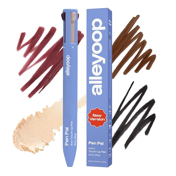 Alleyoop Pen Pal 4-in-1 Makeup Pen – Comes with Eyeliner, Lip Liner, Highlighter Makeup & Eyebrow Pencils for Women – Portable, Touch-Up On the Go – Cruelty-Free, Vegan (Berry Busy (Medium - Deep)
