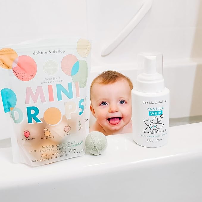 Dabble & Dollop Sweet Treat Mini Bath Bombs & Vanilla Shampoo, Body Wash and Bubble Bath for Kids - All Natural, Resealable Pouch, Foaming Whip, Vegan, Gluten-Free, Cruelty-Free (Pack of 2)