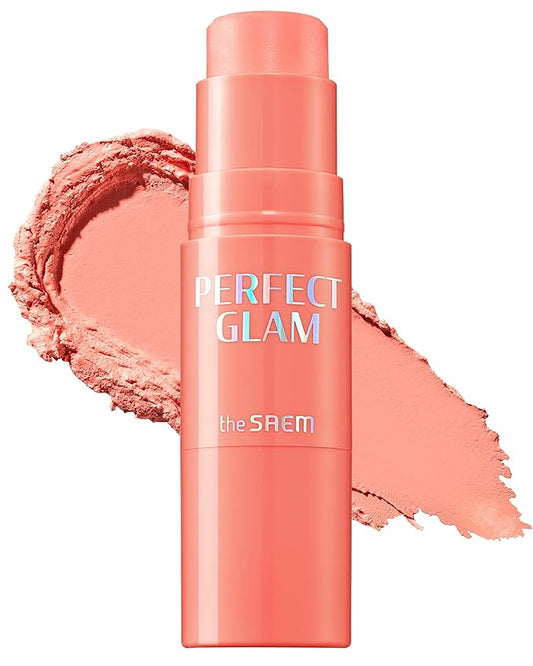 THESAEM Perfect Glam Stick Blush CR01 Apricot Milk - Creamy Cheek Peach Coral - Ceramide, Shea Butter - Melting Cream Texture Buildable Color Korean Makeup with Blending Puff, 0.2oz.