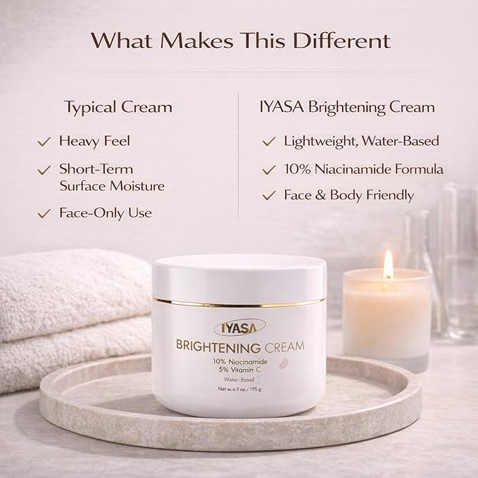 IYASA Brightening Cream for Face & Body, 5% Vitamin C & 10% Niacinamide, Water-Based Moisturizer Evens Tone & Revives Dull Skin, Clean, Vegan, Cruelty-Free, Sensitive Skin-Safe, 16 oz.