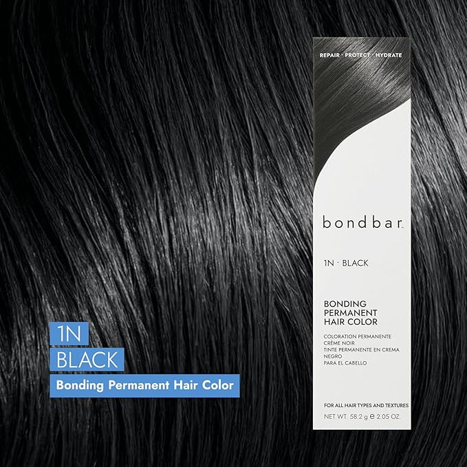 Bondbar 1N Black Bonding Permanent Creme Hair Color, Repairing hair dye for all hair types, Vegan, Built in Bonding, 2.05 Oz