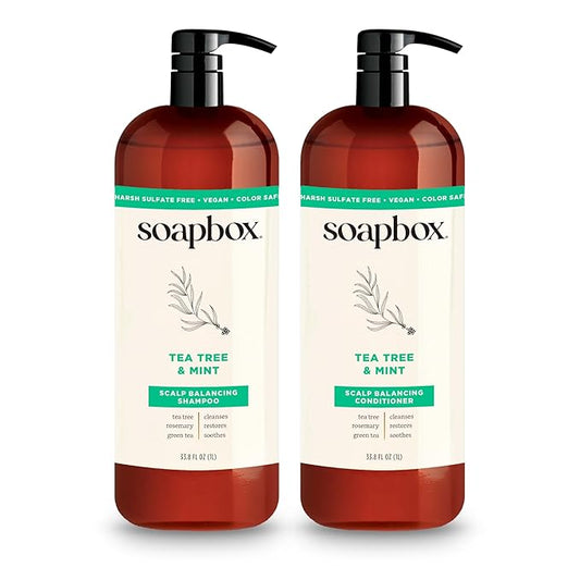 Soapbox Tea Tree Shampoo and Conditioner Set, Scalp Balancing with Tea Tree Oil, Jojoba Oil, Aloe and Shea Butter to Clean and Purify for All Hair Types, 1 Liter Each (Pack of 2)