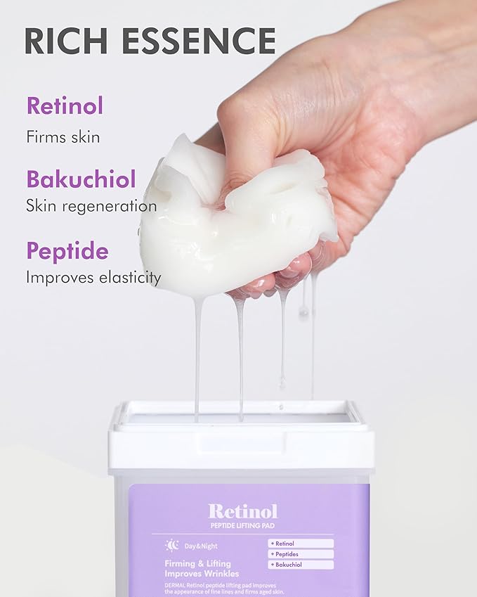 DERMAL Retinol Peptide Lifting Toner Pad 120 Count Bulk, Korean Anti Aging Stretchable Cotton Hole Pad with Bakuchiol and Copper Peptide, 65x70mm Large Square Pad with Tongs, Pore Firming Care