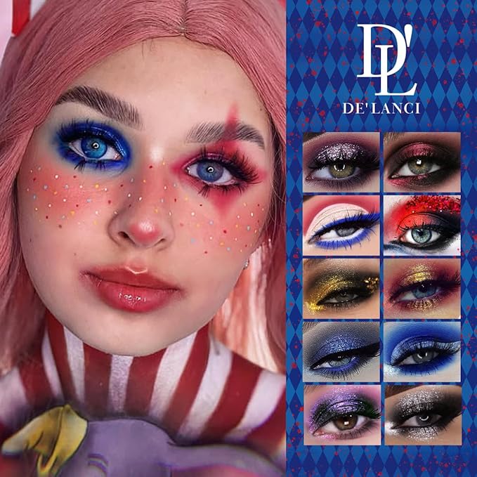 DE'LANCI Red Blue Multichrome Eyeshadow Palette, High Pigment Metallic Silver Shimmer Eyeshadow for Goth, Clown/Joker Smoky Makeup, Longwear Vegan Chameleon Iridescent Black Halloween Cosplay Party