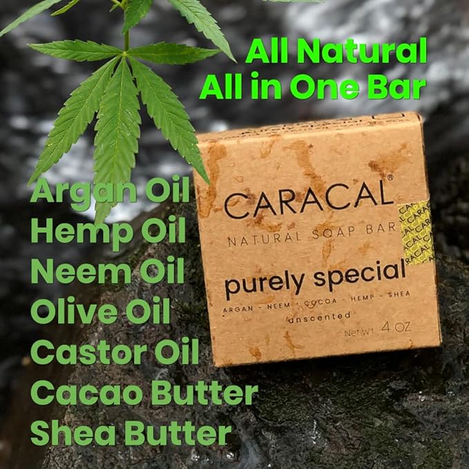 CARACAL Fragrance-Free Hemp Argan Neem Herbal Soap Bar (3-Pack) Purely Special – All Natural Olive, Castor Oils, Cocoa & Shea Butter
