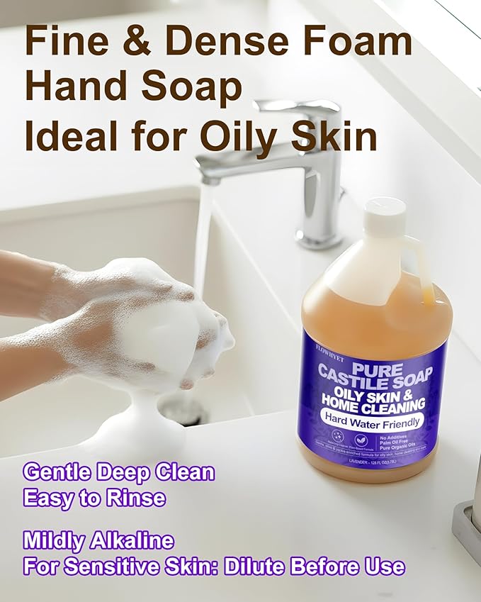 1 Gallon Lavender Liquid Castile Hand Soap Refill, Pure Natural Organic For Oily Skin, Hand, Bath, Body, Laundry, Dishes, Home Cleaning Vegan Hard Water Friendly - Lavender 128 Fl Oz
