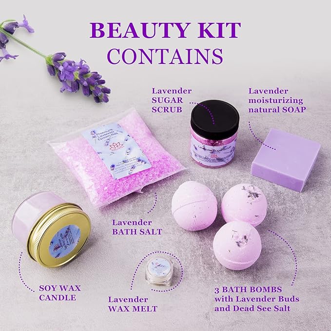 Gift Basket for Women Organic Lavender Gift Set, Bath and Body at Home, Spa Kit, Soy Wax Candle, Natural Oil Bath Salt, 3 Bath Bombs, Soap Bar, Body Sugar Scrub, for Mom, Girls - Made in USA