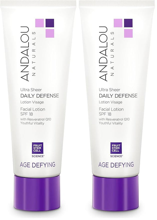 Andalou Naturals Age Defying Ultra Sheer Daily Defense Facial Lotion SPF 18 - Lightweight Sunscreen Moisturizer for Face - With Resveratrol CoQ10 - For All Skin Types - 2.7 oz,(Pack of 2)