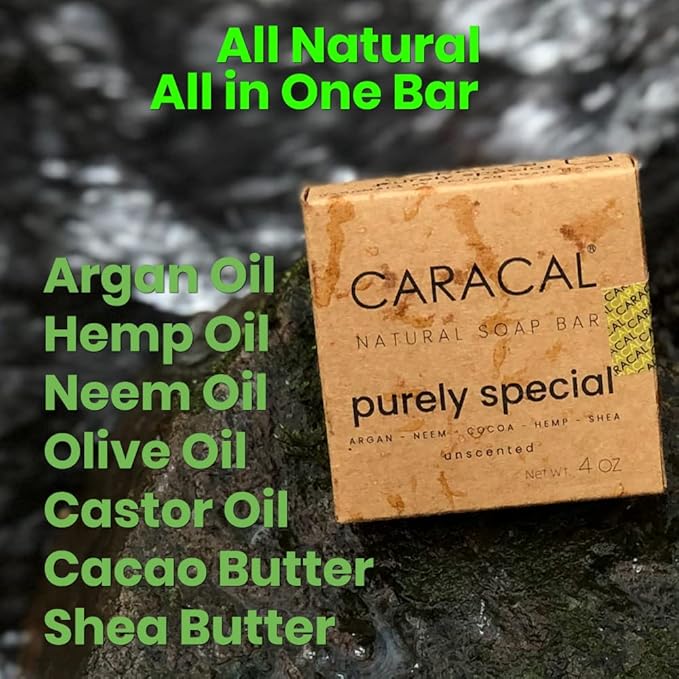 CARACAL Fragrance-Free Hemp Argan Neem Herbal Soap Bar Purely Special – All Natural Olive, Castor Oils, Cocoa & Shea Butter