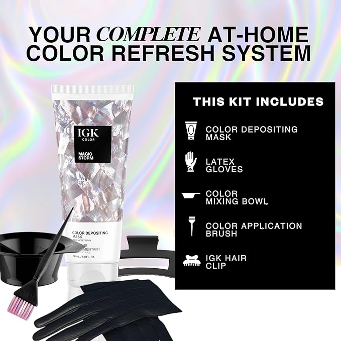 IGK Hair Gloss Toner & Depositing Mask + At-Home Color Tool Set | Magic Storm Pale Violet Gray | Semi-Permanent Shine + Tone | Salon-Quality Application