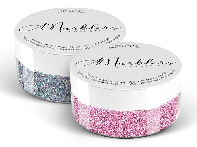 MARBLERS Twinkle Face & Body Glitter Duo [Holo Fairy Powder & Flamingo] 0.36oz (10g) | Non-Toxic | Cruelty-Free | Eyeshadow, Nail Polish, Nail Art | Festival, Rave Party & Makeup | Nail Art | Gel Nail