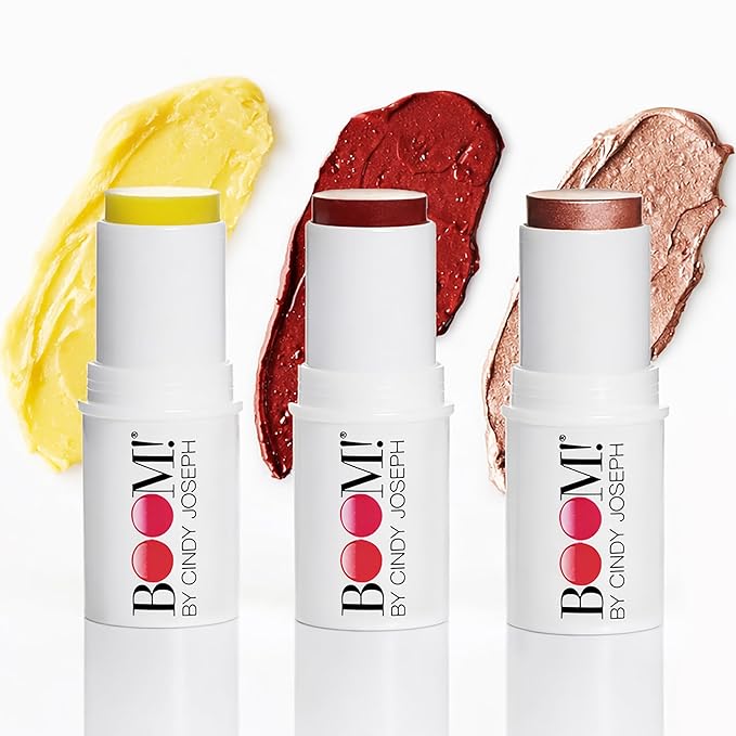 Boomstick Trio ® Color 3 Pack Cream Blush Makeup, Color Blush Stick, Highlighter Stick & Moisturizer for Cheeks, Eyes & Lips, Blendable Vegan Boom Sticks by Cindy Joseph for Older Women, BOOM Beauty