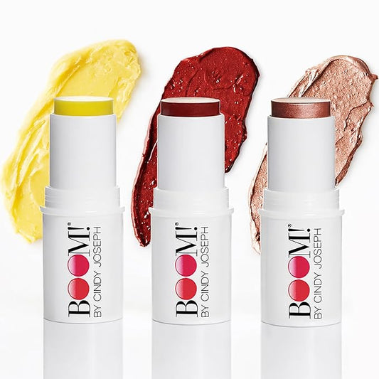 Boomstick Trio ® Color 3 Pack Cream Blush Makeup, Color Blush Stick, Highlighter Stick & Moisturizer for Cheeks, Eyes & Lips, Blendable Vegan Boom Sticks by Cindy Joseph for Older Women, BOOM Beauty