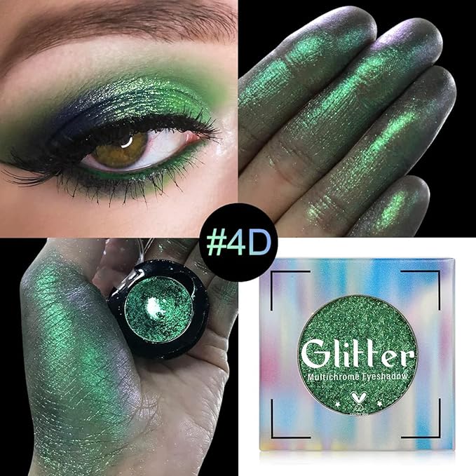Green Eyeshadow Shimmery, Highly Pigmented Metallic Eye Glitter, Long Lasting Forest Green Sparkly Duo Chrome Eyeshadow Palette, Smooth Chameleon Glitter Eye Shadow for St Patrick’s Day, Talc Free#4D
