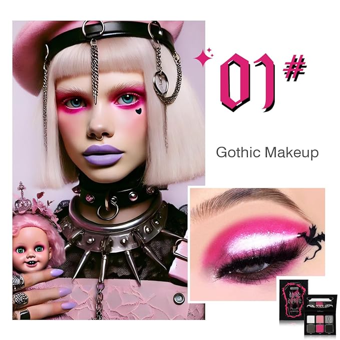 Black Pink Eyeshadow Palette, Matte Glitter White Grey Silver Goth Makeup Palette, Pigmented Long Wear Hot Pink Gothic Smoky Eye Shadow Pallet for Valentine, Halloween Vampire, Witch, Lolita, Cosplay