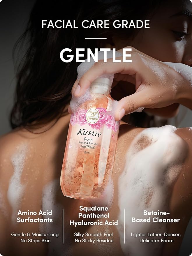 Kustie Petal Body Wash – Rose Water & Oil | Squalane, Hyaluronic & Niacinamide Cleanser | Vegan, Sulfate-Free, Perfume Long-Lasting Scent for Dry & Mature Skin, 12.8 fl oz