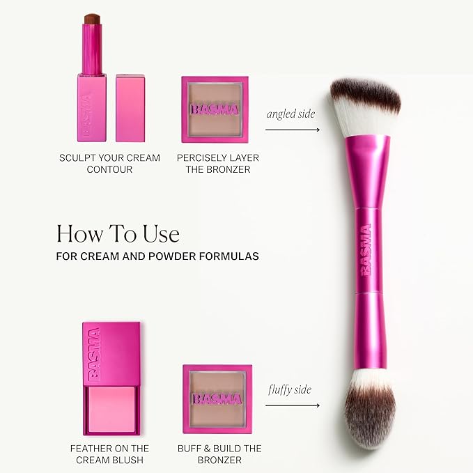 BASMA Beauty Sculpt & Buff Dual-Ended Makeup Brush for Foundation, Bronzer, Blush & Contour, Cream and Powder Blending Brush with Soft Dense Bristles for Smooth Airbrush Finish