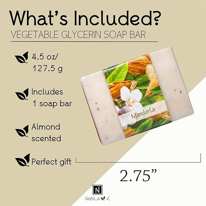 Glycerin Bar Soap Mandorla Scent - Natural, Vegan-Friendly, Hypoallergenic - Moisturizing and Hydrating with 100% Vegetable Glycerin - Sulfate-Free, Paraben-Free, Chemical-Free - 4.5 oz